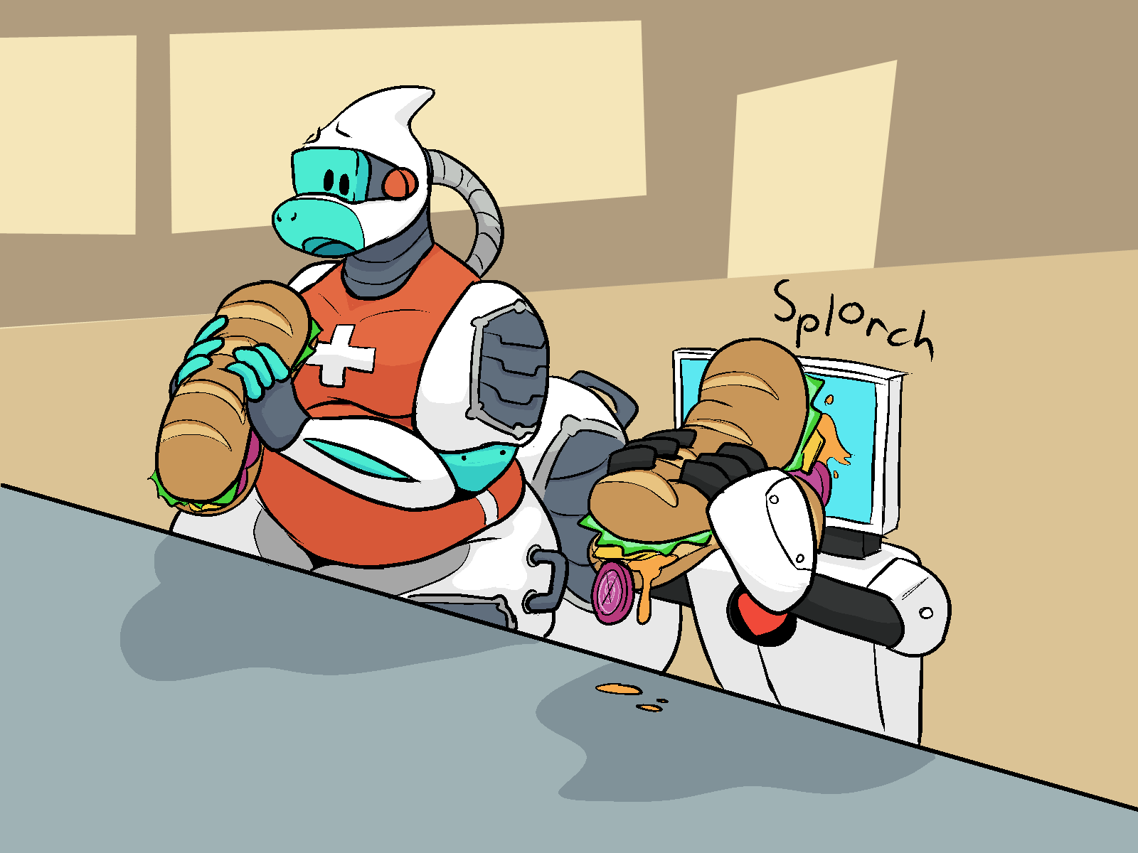 Moby and JNFR sitting side by side at a counter eating sandwiches. Well, eating in quotes. Moby is looking over at JNFR in concern as she smooshes a subway sandwich into her monitor.